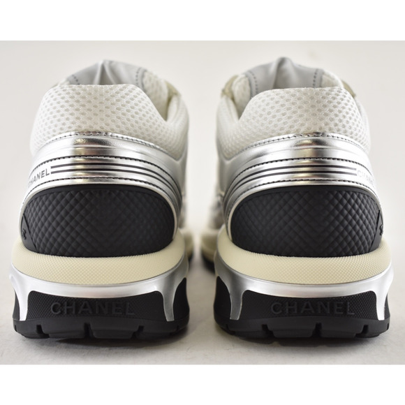 Chanel REV White Silver Metallic CC Logo Tie Flat Runner Trainer Sneaker 37.5 - Picture 12 of 14
